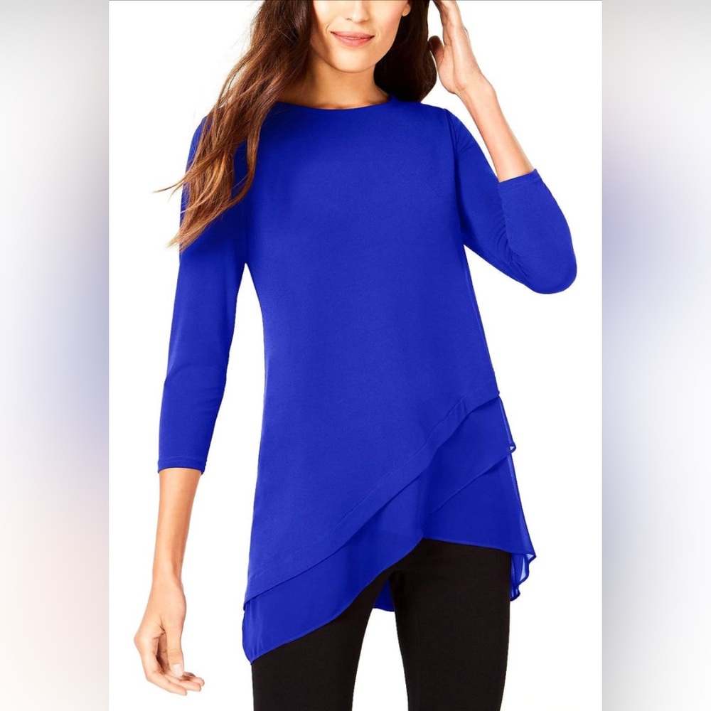 Alfani Womens Royal Blue Layered Sharkbite‎ Hem Tunic Top 3/4 Sleeve Small NWT